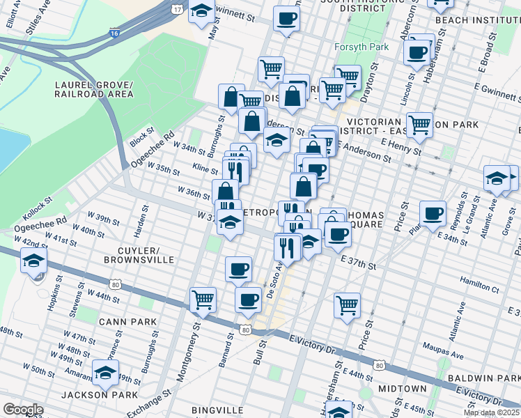 map of restaurants, bars, coffee shops, grocery stores, and more near 204 West 35th Street in Savannah