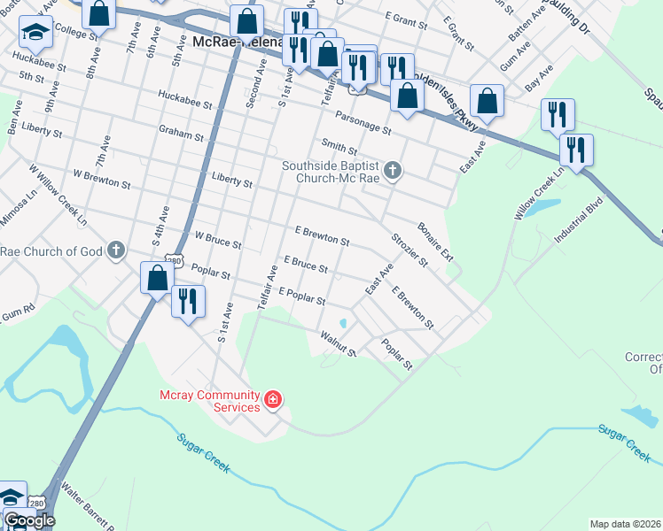 map of restaurants, bars, coffee shops, grocery stores, and more near 2-98 Macville Ave in McRae