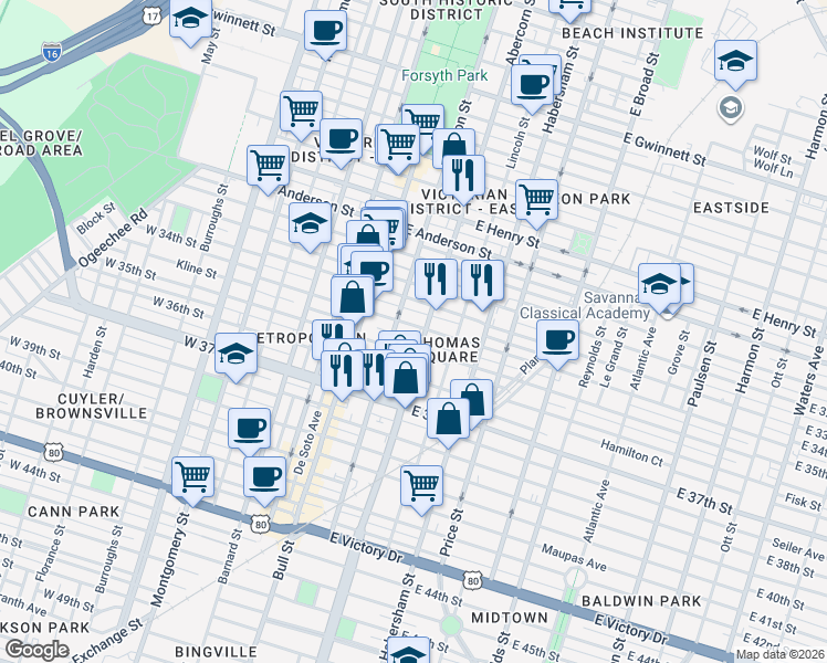 map of restaurants, bars, coffee shops, grocery stores, and more near 117 East 34th Street in Savannah