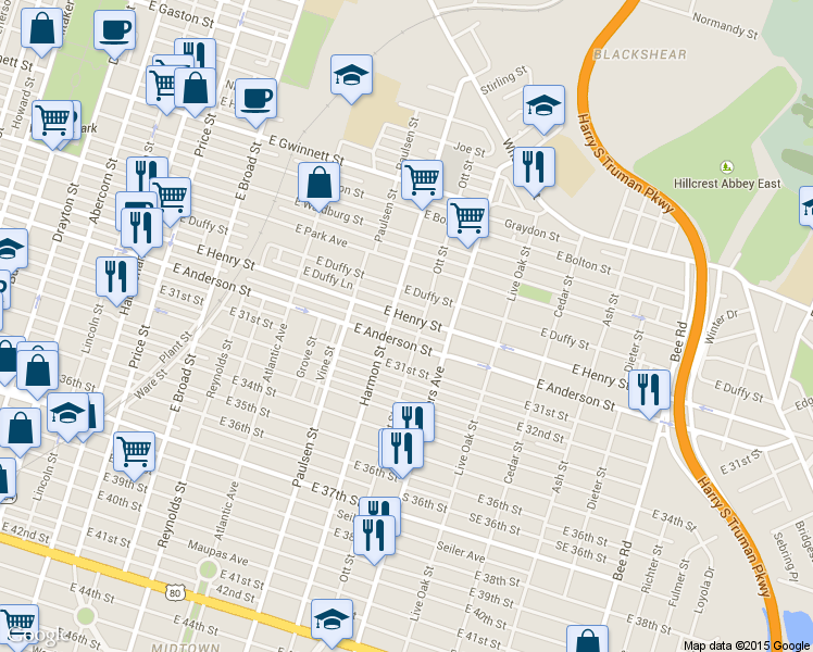 map of restaurants, bars, coffee shops, grocery stores, and more near 827 East Henry Street in Savannah