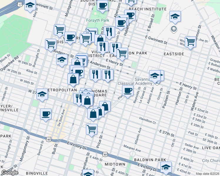 map of restaurants, bars, coffee shops, grocery stores, and more near 1702 Habersham Street in Savannah