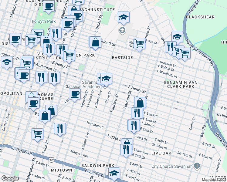map of restaurants, bars, coffee shops, grocery stores, and more near 720 East Anderson Street in Savannah