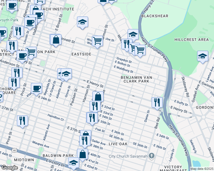 map of restaurants, bars, coffee shops, grocery stores, and more near 1101 East Duffy Street in Savannah