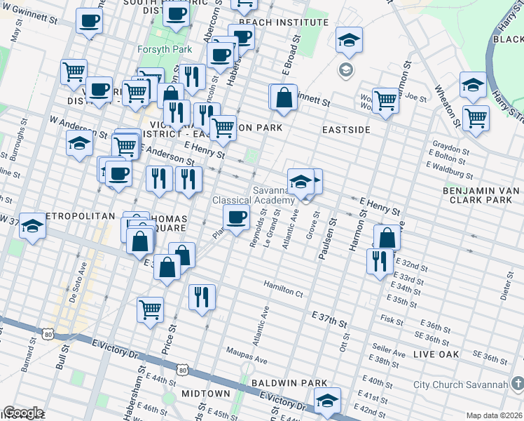 map of restaurants, bars, coffee shops, grocery stores, and more near 1417 Reynolds Street in Savannah