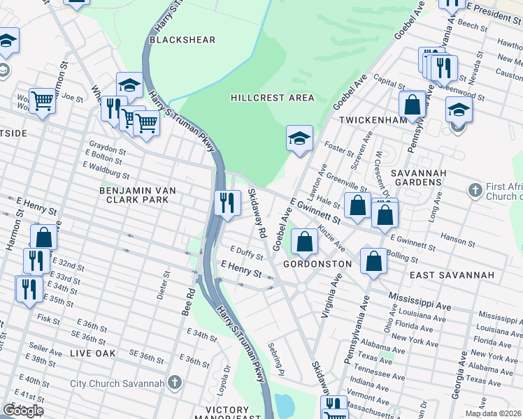 map of restaurants, bars, coffee shops, grocery stores, and more near 103 Daisy Court in Savannah