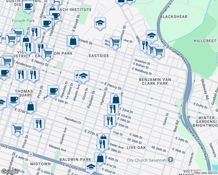 map of restaurants, bars, coffee shops, grocery stores, and more near 827 East Henry Street in Savannah