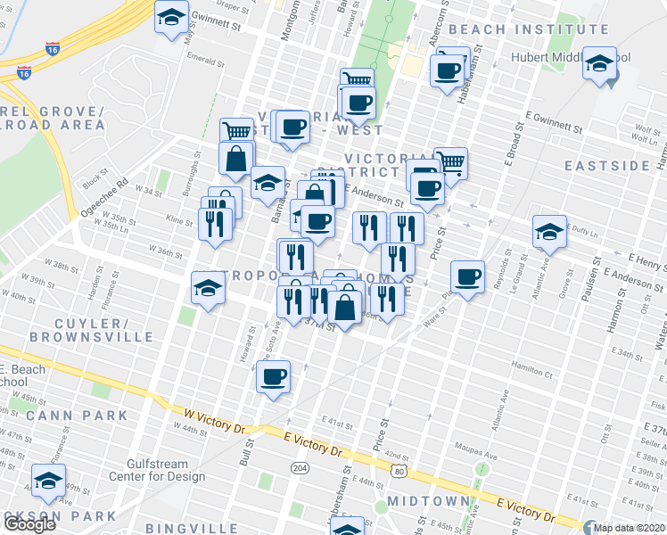 map of restaurants, bars, coffee shops, grocery stores, and more near 8 East 34th Street in Savannah