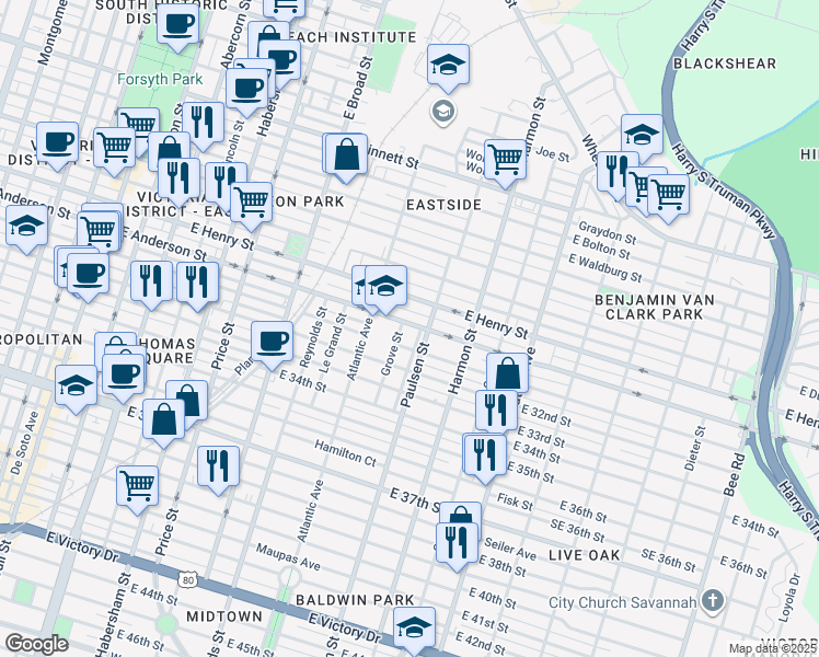 map of restaurants, bars, coffee shops, grocery stores, and more near 720 East Anderson Street in Savannah