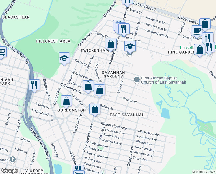 map of restaurants, bars, coffee shops, grocery stores, and more near East Court in Savannah