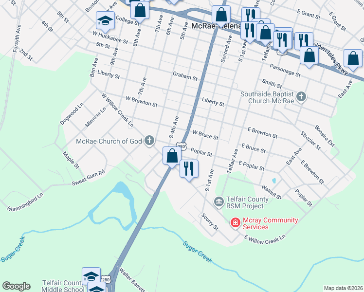 map of restaurants, bars, coffee shops, grocery stores, and more near 999 3rd Avenue in McRae