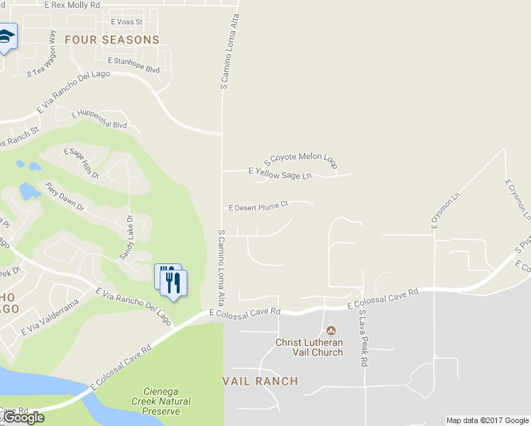 map of restaurants, bars, coffee shops, grocery stores, and more near 14416 East Desert Plume Court in Vail