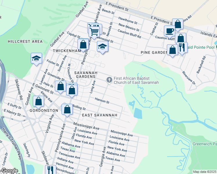 map of restaurants, bars, coffee shops, grocery stores, and more near 2207 Auburn Street in Savannah