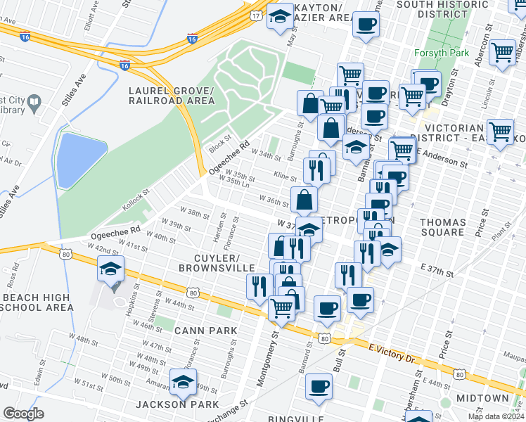 map of restaurants, bars, coffee shops, grocery stores, and more near 610 West 37th Street in Savannah