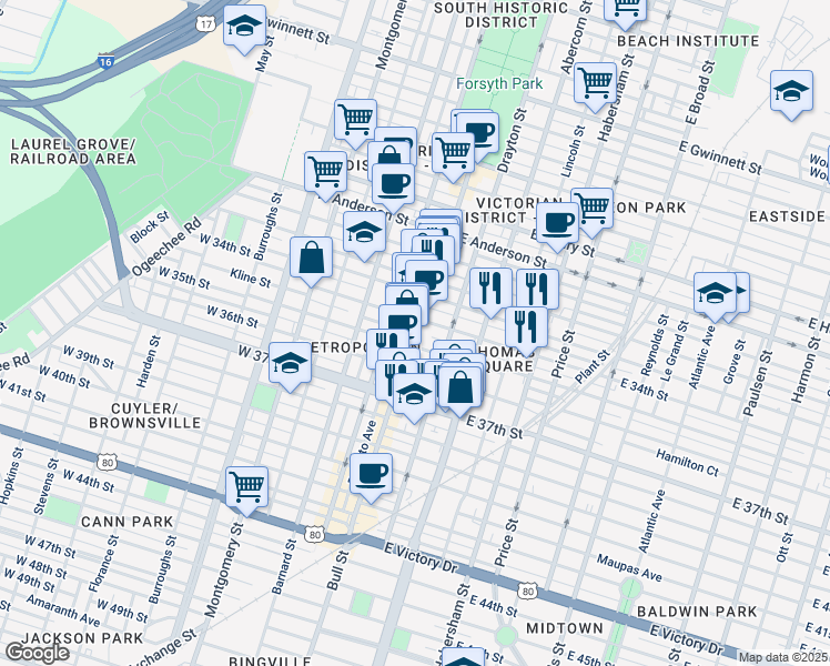 map of restaurants, bars, coffee shops, grocery stores, and more near 2 Brady Street in Savannah