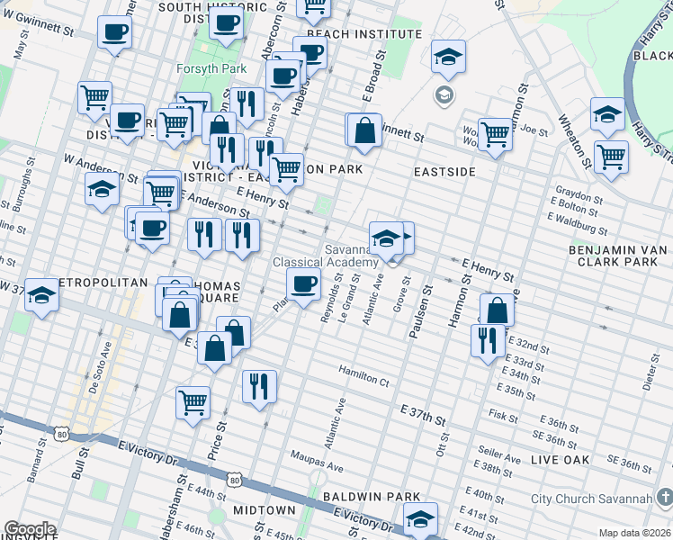 map of restaurants, bars, coffee shops, grocery stores, and more near 1417 Reynolds Street in Savannah