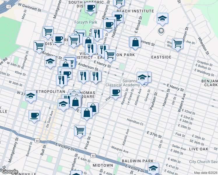 map of restaurants, bars, coffee shops, grocery stores, and more near 508 East 32nd Street in Savannah