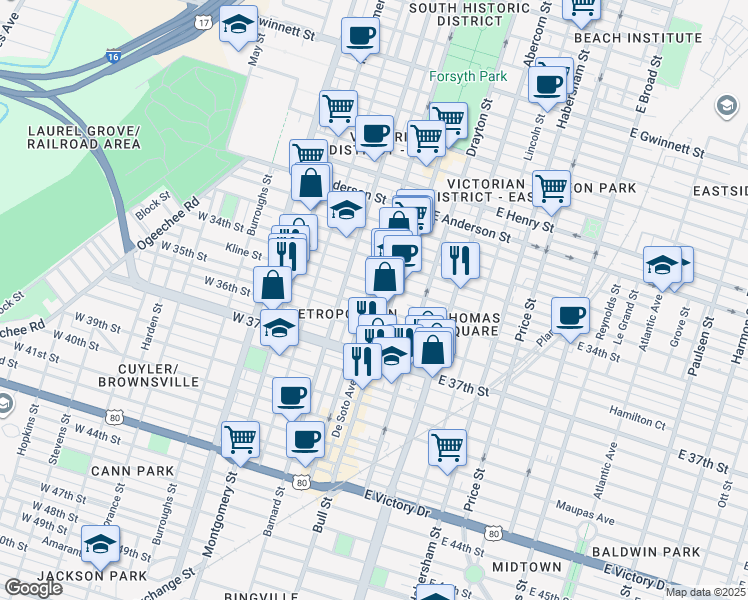 map of restaurants, bars, coffee shops, grocery stores, and more near 21 Brady Street in Savannah