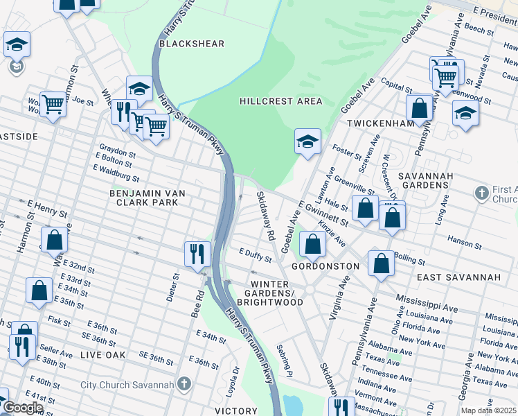 map of restaurants, bars, coffee shops, grocery stores, and more near 1652 Winter Drive in Savannah