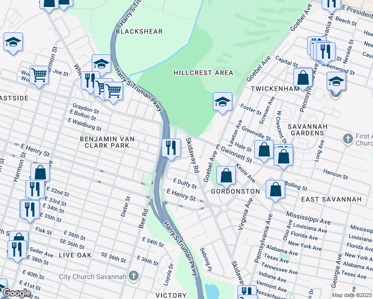 map of restaurants, bars, coffee shops, grocery stores, and more near 1652 Winter Drive in Savannah