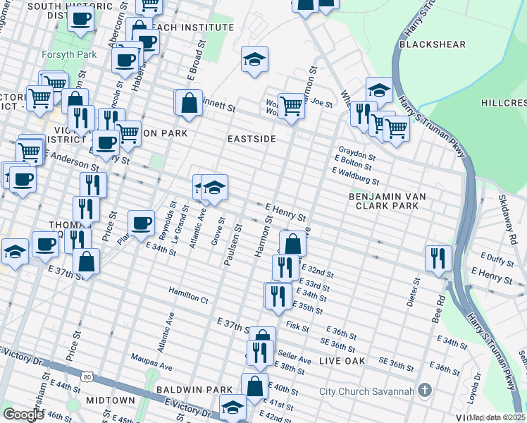map of restaurants, bars, coffee shops, grocery stores, and more near 827 East Henry Street in Savannah