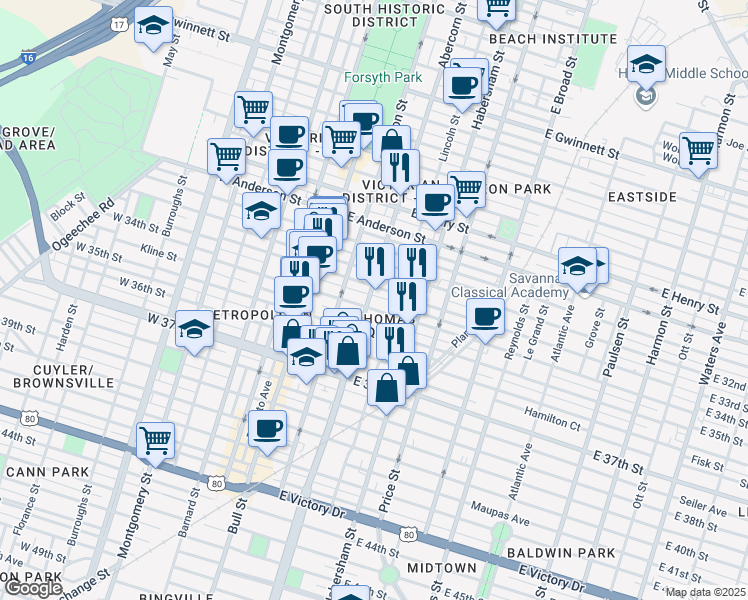 map of restaurants, bars, coffee shops, grocery stores, and more near 215 East 33rd Street in Savannah