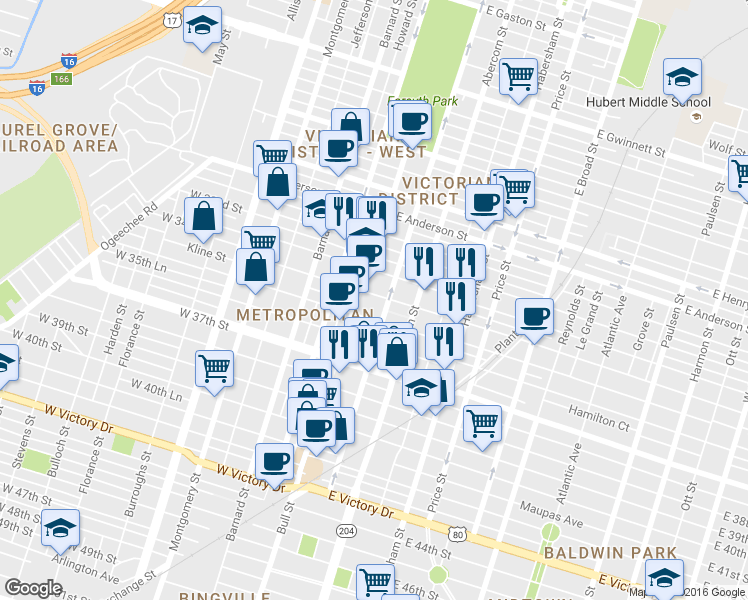map of restaurants, bars, coffee shops, grocery stores, and more near 8 East 34th Street in Savannah