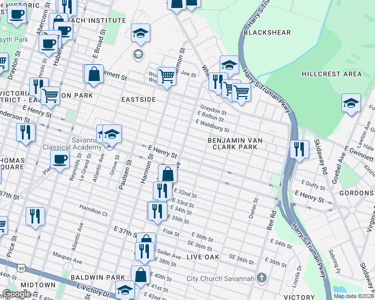 map of restaurants, bars, coffee shops, grocery stores, and more near 1107 East Duffy Street in Savannah