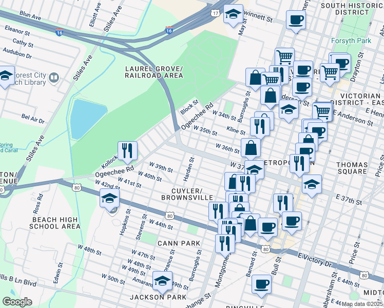 map of restaurants, bars, coffee shops, grocery stores, and more near 801 West 37th Street in Savannah