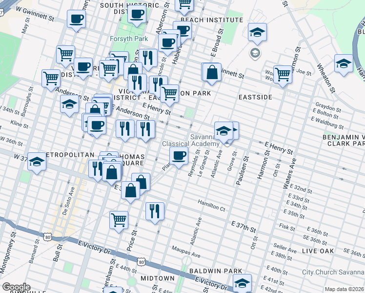 map of restaurants, bars, coffee shops, grocery stores, and more near 1513 East Broad Street in Savannah