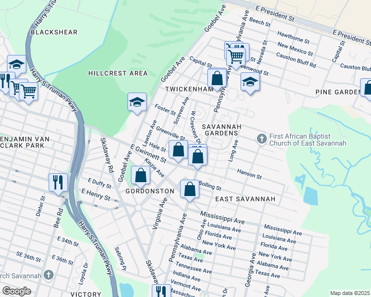 map of restaurants, bars, coffee shops, grocery stores, and more near 511 Atkinson Avenue in Savannah