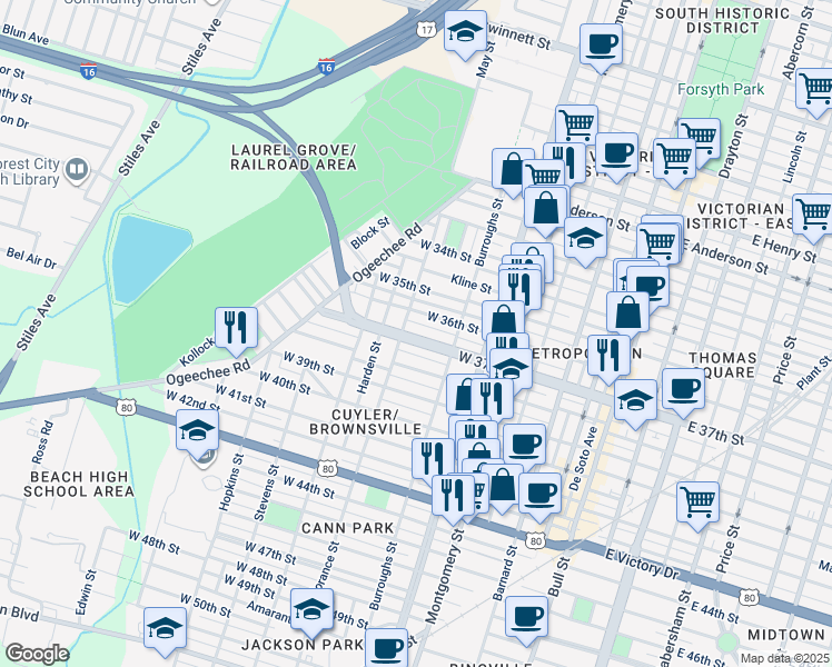 map of restaurants, bars, coffee shops, grocery stores, and more near 638 West 37th Street in Savannah