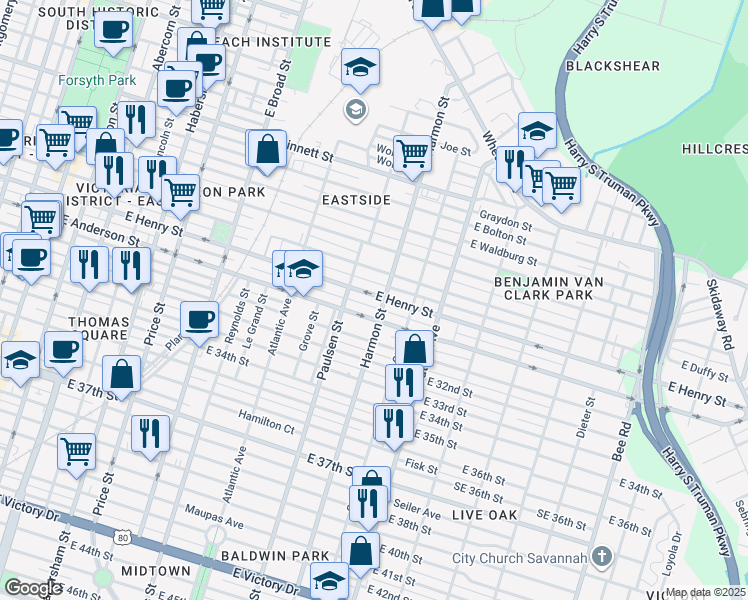 map of restaurants, bars, coffee shops, grocery stores, and more near 827 East Henry Street in Savannah