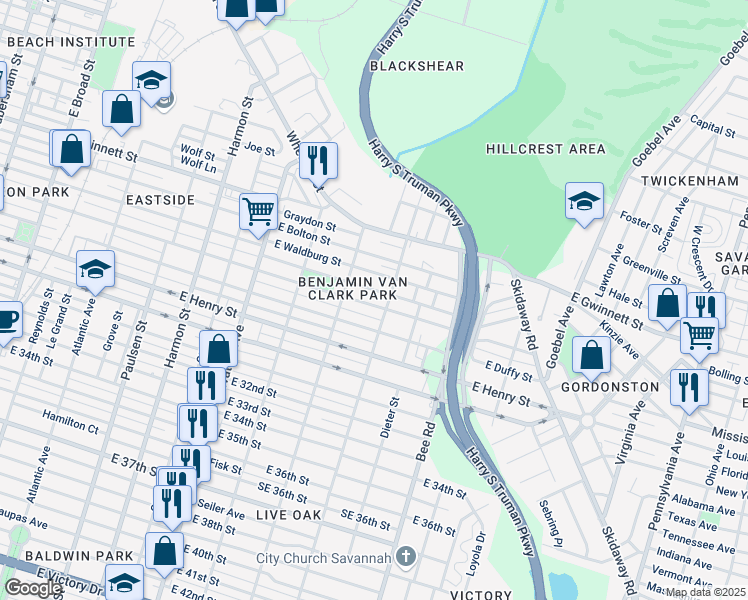 map of restaurants, bars, coffee shops, grocery stores, and more near 1312 East Park Avenue in Savannah
