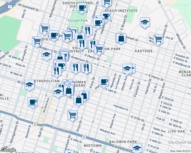 map of restaurants, bars, coffee shops, grocery stores, and more near 508 East 32nd Street in Savannah