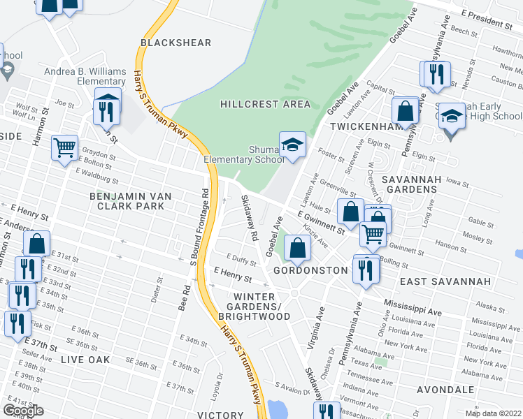 map of restaurants, bars, coffee shops, grocery stores, and more near 103 Daisy Court in Savannah