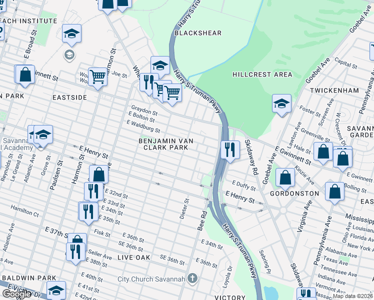 map of restaurants, bars, coffee shops, grocery stores, and more near 1403 Collins Street in Savannah