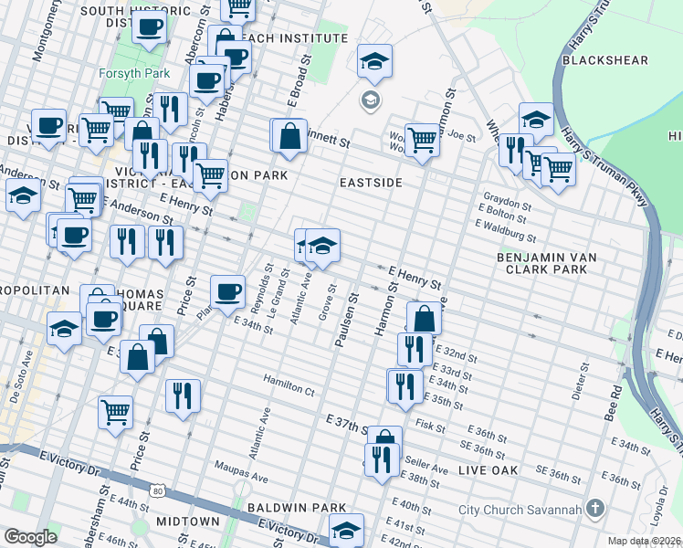 map of restaurants, bars, coffee shops, grocery stores, and more near 720 East Anderson Street in Savannah