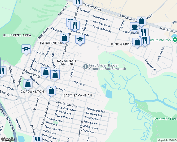 map of restaurants, bars, coffee shops, grocery stores, and more near 2207 Auburn Street in Savannah