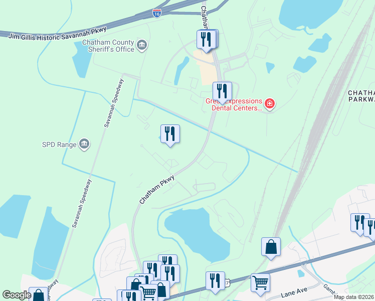 map of restaurants, bars, coffee shops, grocery stores, and more near 1325 Chatham Parkway in Savannah
