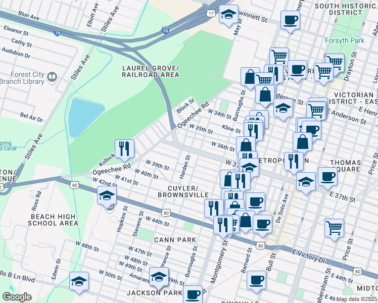 map of restaurants, bars, coffee shops, grocery stores, and more near 801 West 37th Street in Savannah