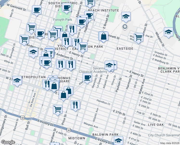 map of restaurants, bars, coffee shops, grocery stores, and more near E 31st Ln in Savannah