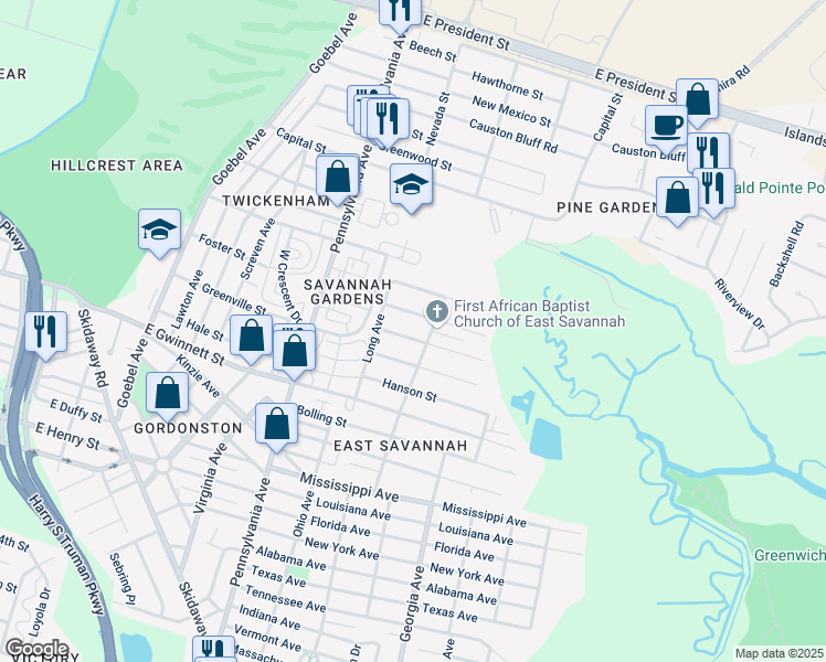 map of restaurants, bars, coffee shops, grocery stores, and more near 2130 Gable Street in Savannah