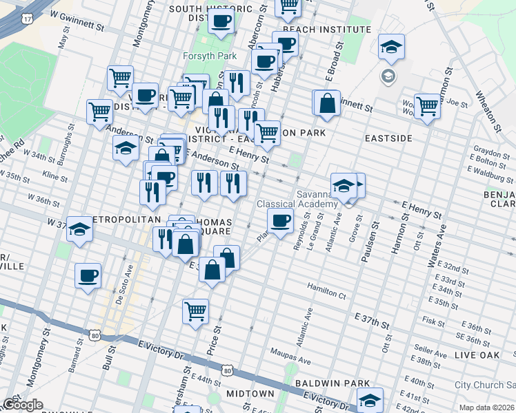 map of restaurants, bars, coffee shops, grocery stores, and more near 508 East 32nd Street in Savannah