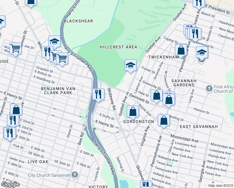map of restaurants, bars, coffee shops, grocery stores, and more near 103 Daisy Court in Savannah