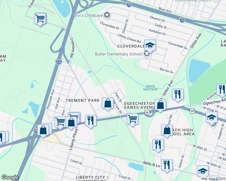 map of restaurants, bars, coffee shops, grocery stores, and more near 2727 Pate Street in Savannah