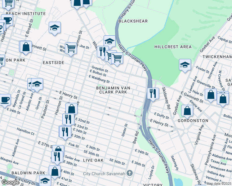 map of restaurants, bars, coffee shops, grocery stores, and more near 1312 East Park Avenue in Savannah