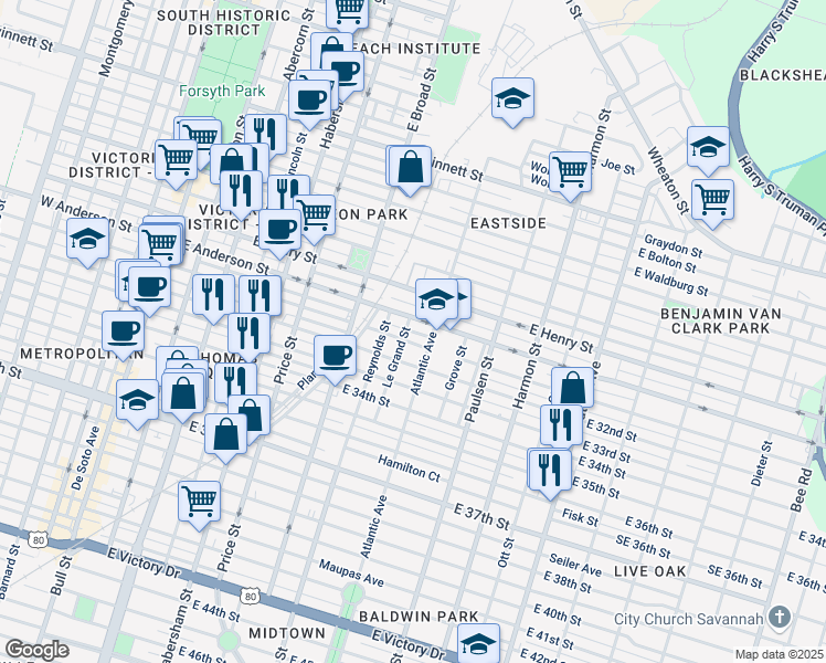 map of restaurants, bars, coffee shops, grocery stores, and more near 655 East Anderson Street in Savannah