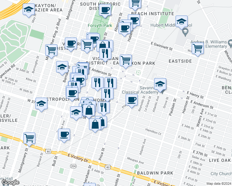 map of restaurants, bars, coffee shops, grocery stores, and more near 1611 Habersham Street in Savannah