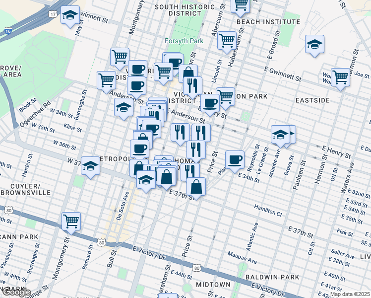 map of restaurants, bars, coffee shops, grocery stores, and more near 215 East 33rd Street in Savannah