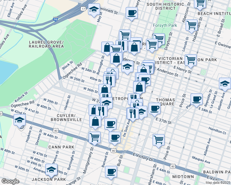 map of restaurants, bars, coffee shops, grocery stores, and more near 309 West 35th Street in Savannah